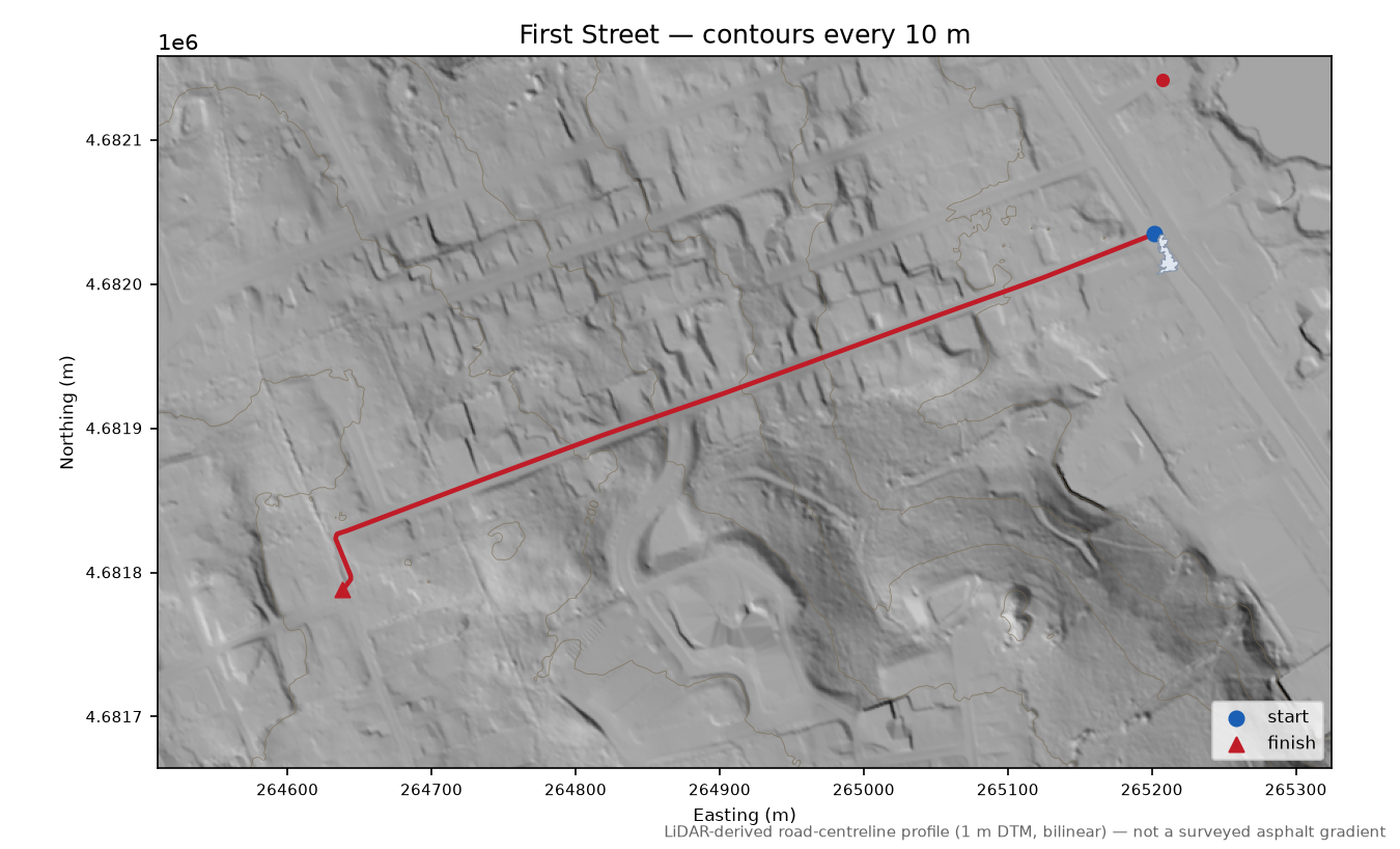 First Street LiDAR hillshade map with contours