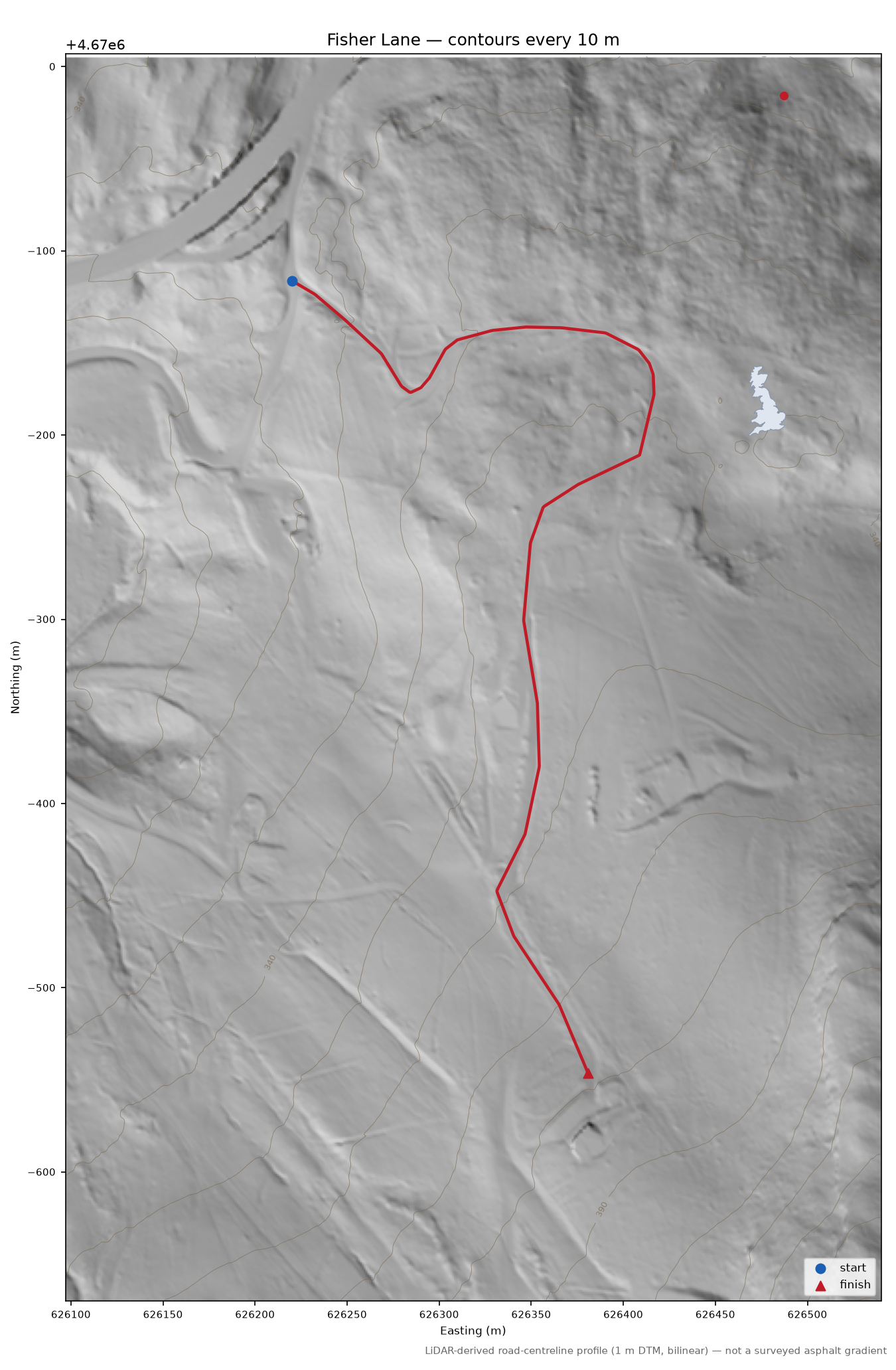 Fisher Lane LiDAR hillshade map with contours
