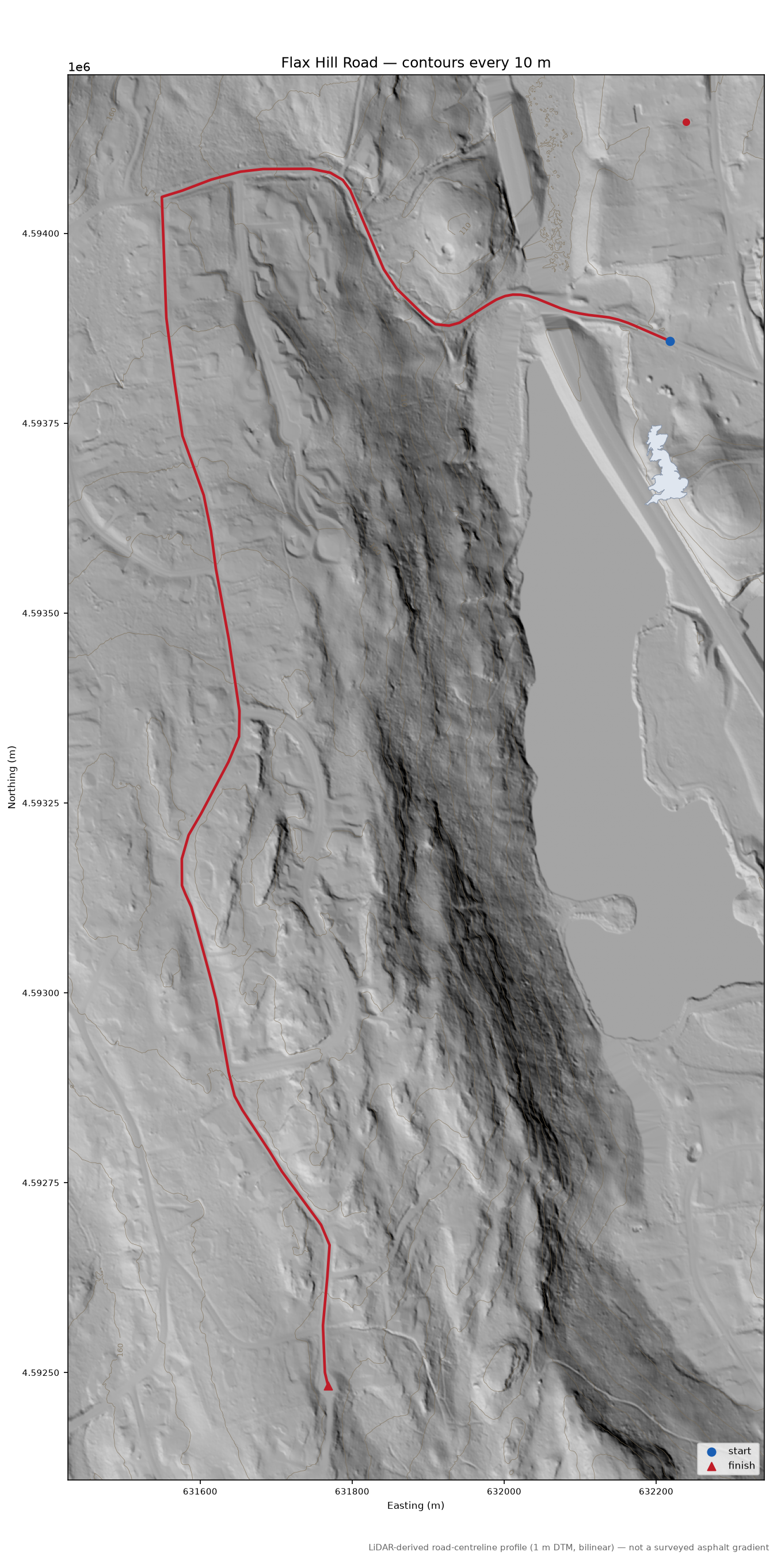 Flax Hill Road LiDAR hillshade map with contours