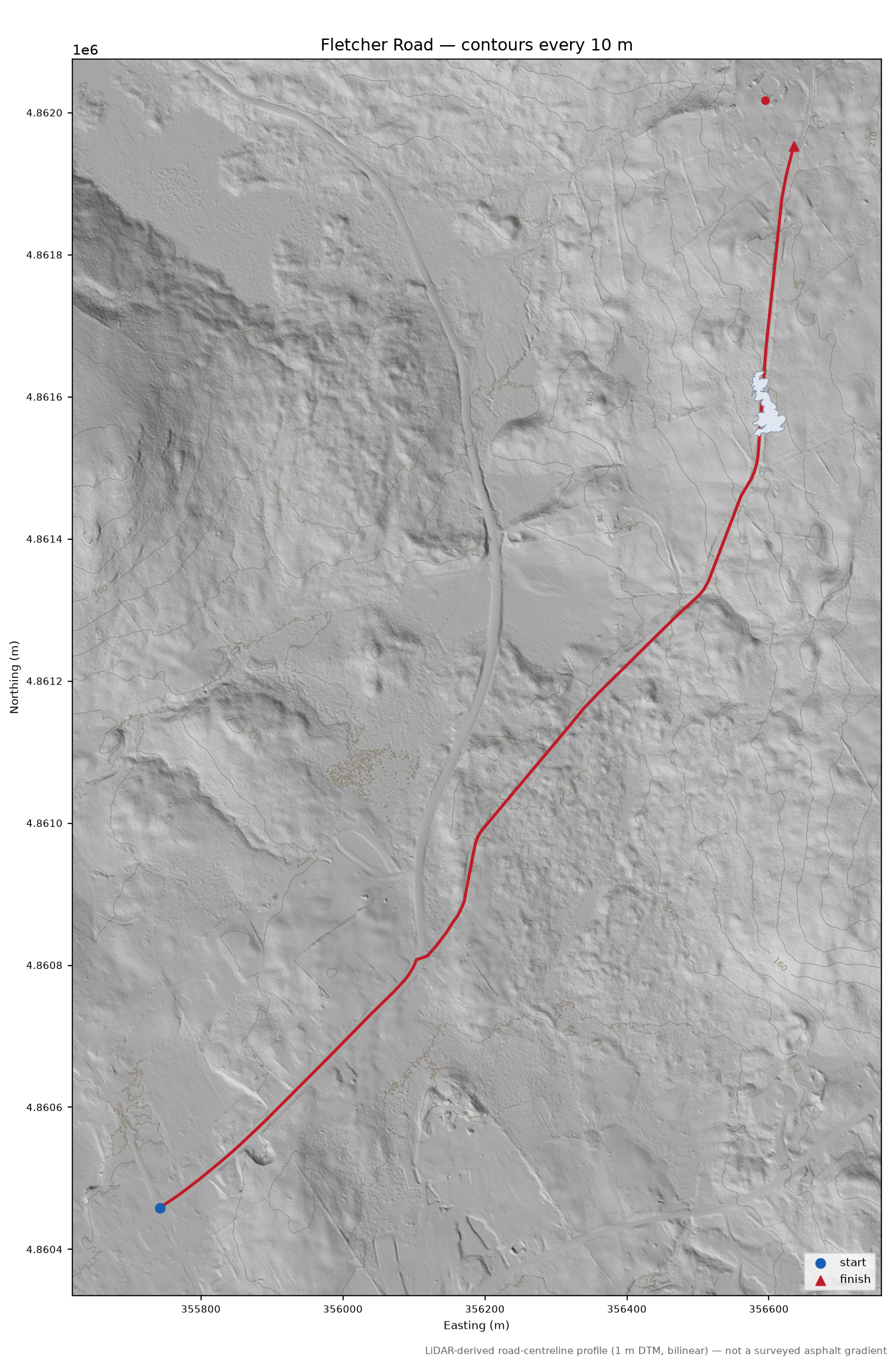 Fletcher Road LiDAR hillshade map with contours