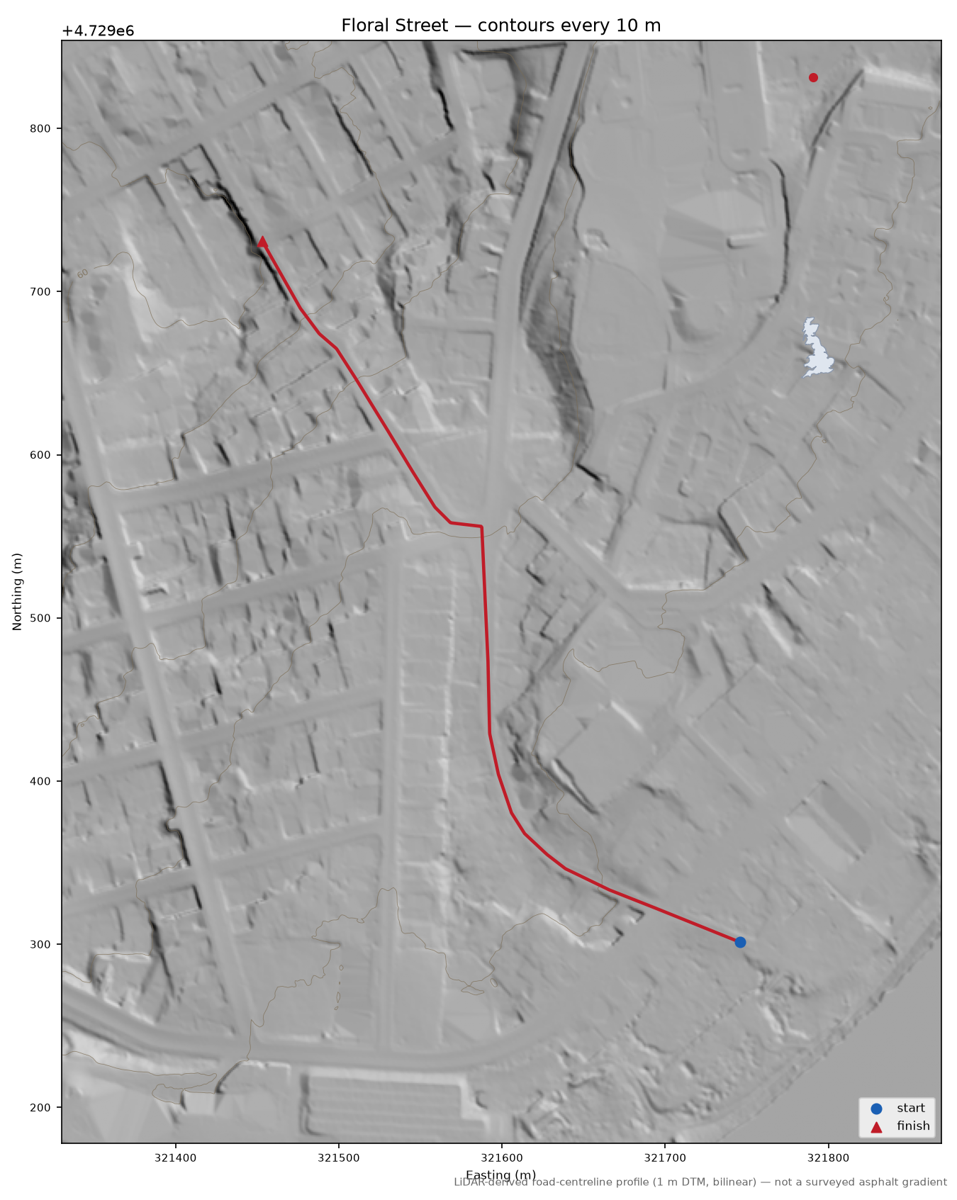 Floral Street LiDAR hillshade map with contours