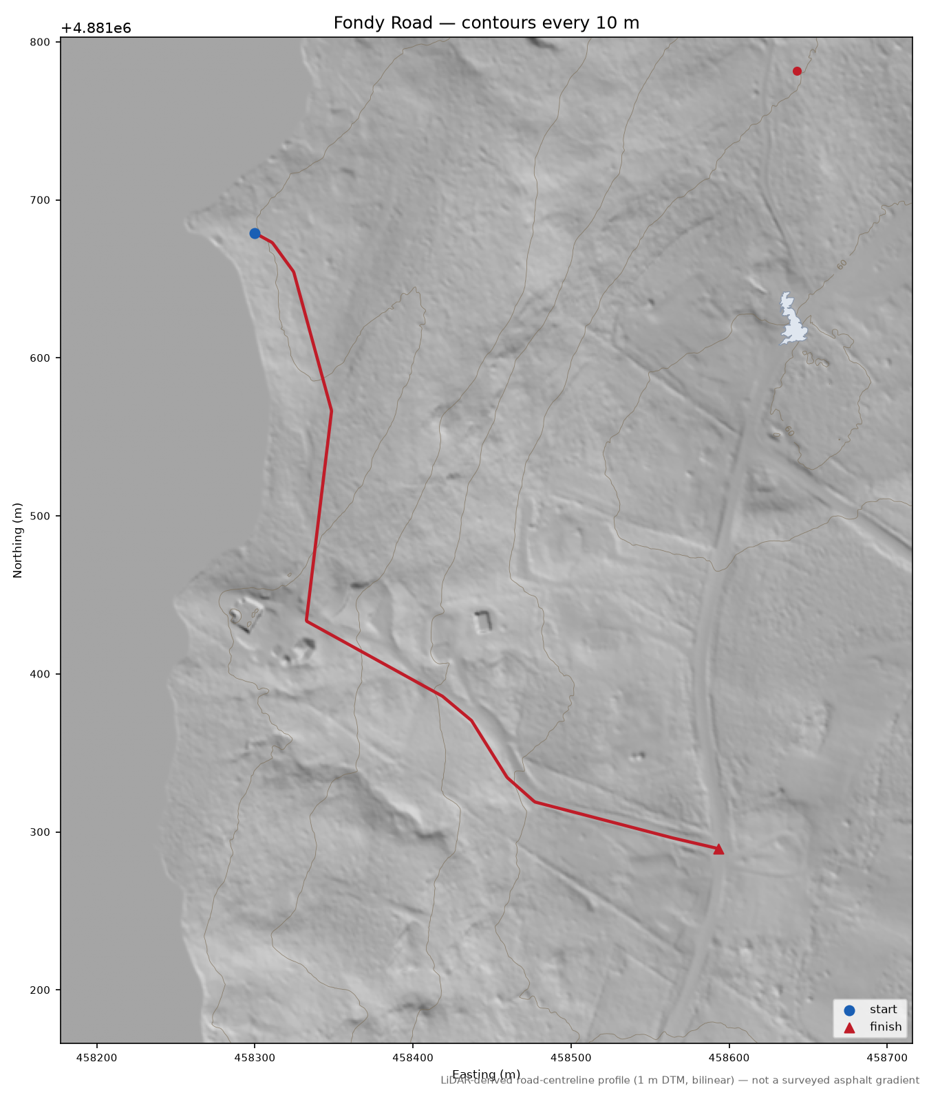 Fondy Road LiDAR hillshade map with contours