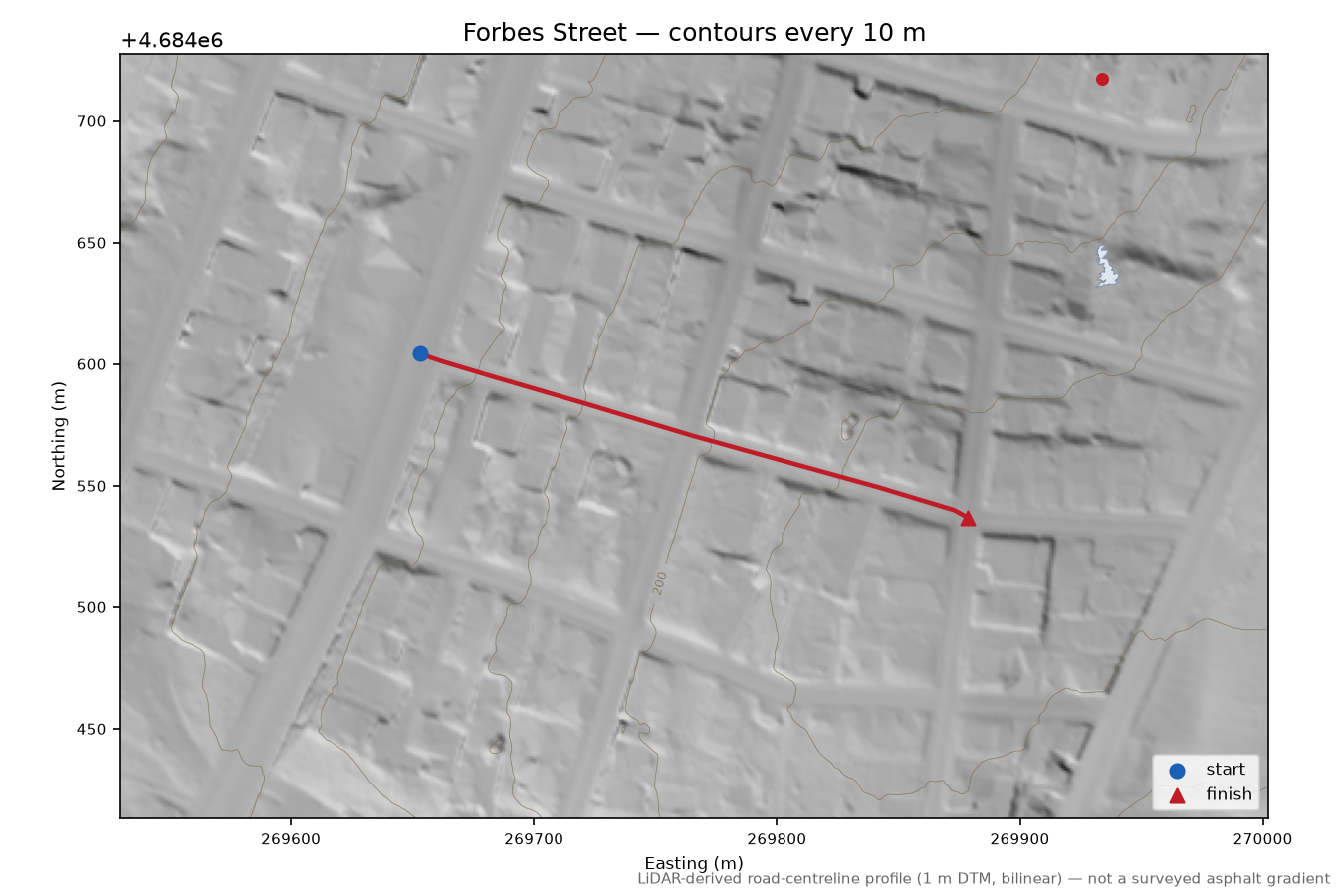 Forbes Street LiDAR hillshade map with contours