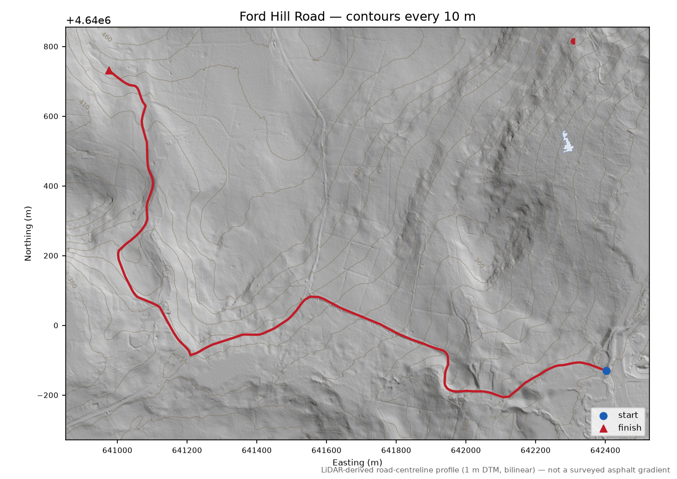Ford Hill Road LiDAR hillshade map with contours
