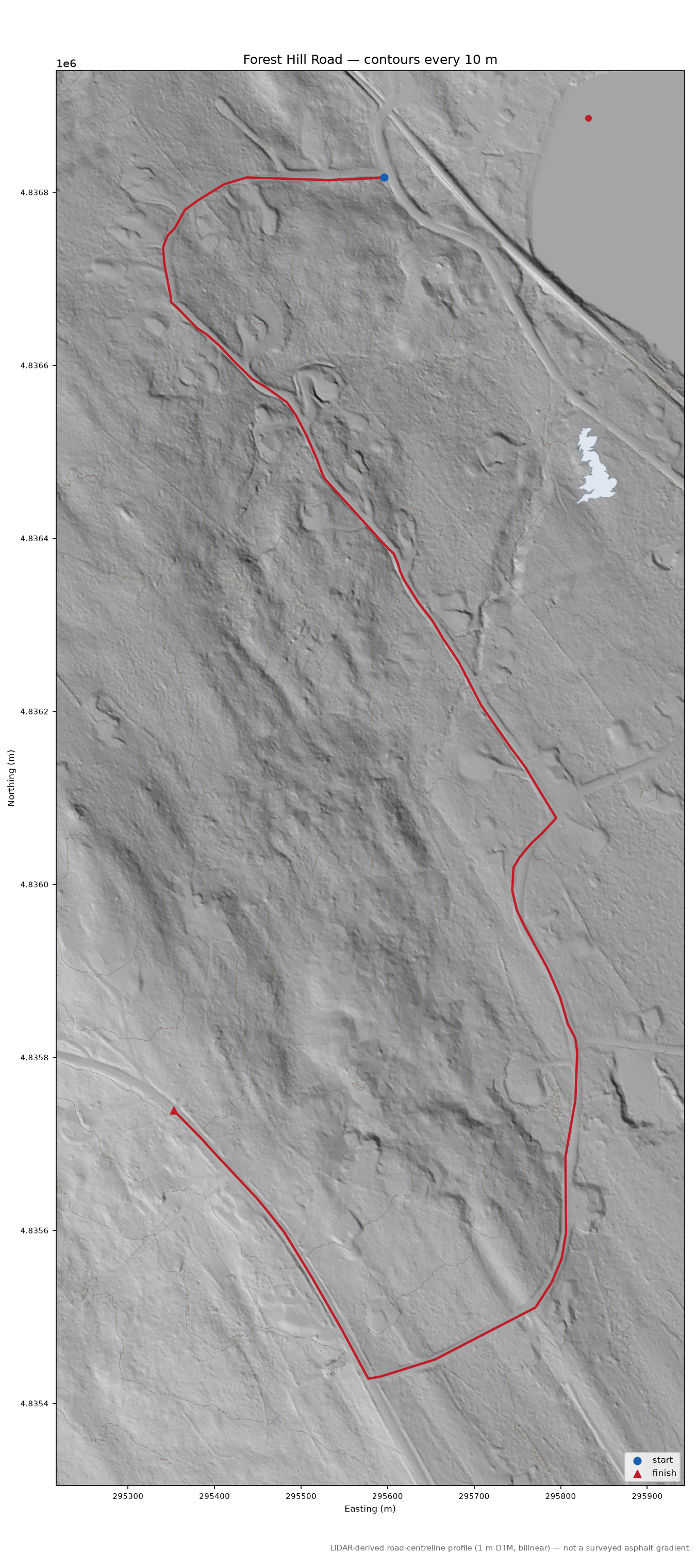 Forest Hill Road LiDAR hillshade map with contours