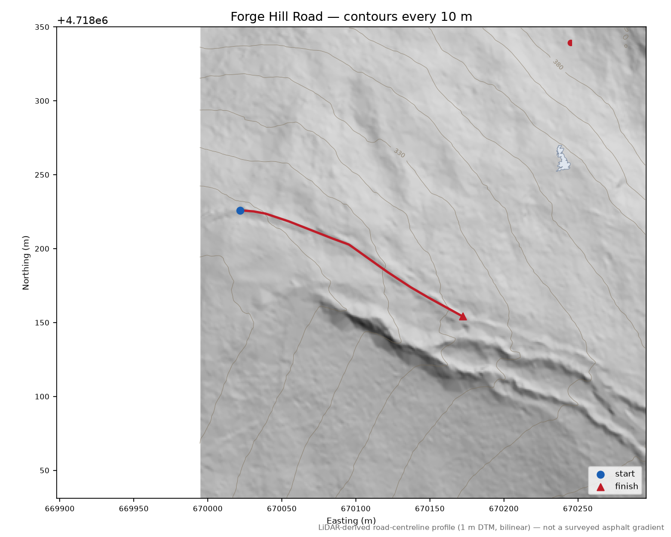 Forge Hill Road LiDAR hillshade map with contours