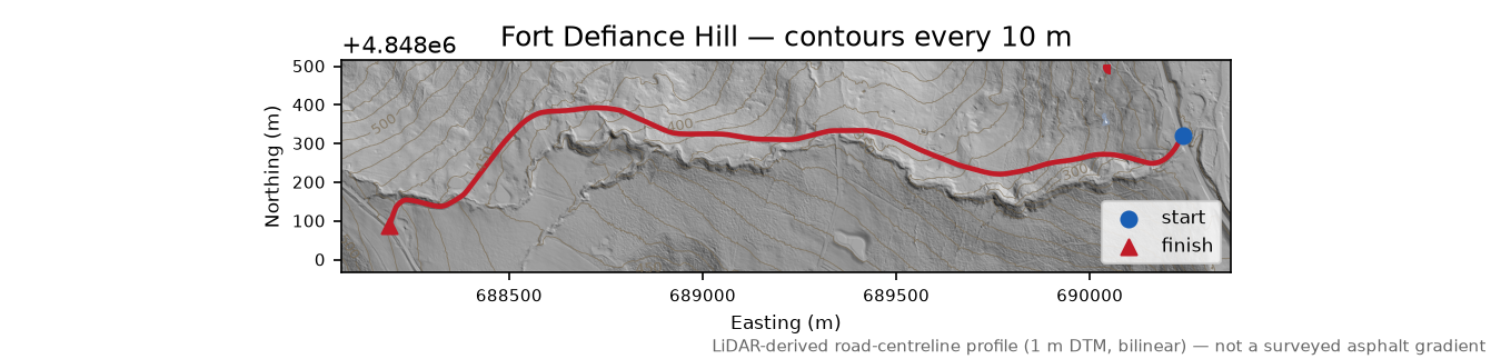 Fort Defiance Hill LiDAR hillshade map with contours