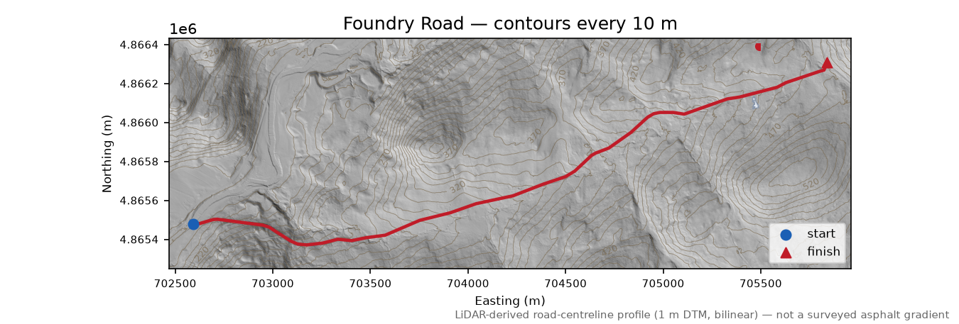 Foundry Road LiDAR hillshade map with contours