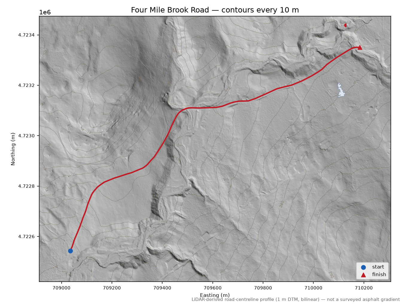 Four Mile Brook Road LiDAR hillshade map with contours
