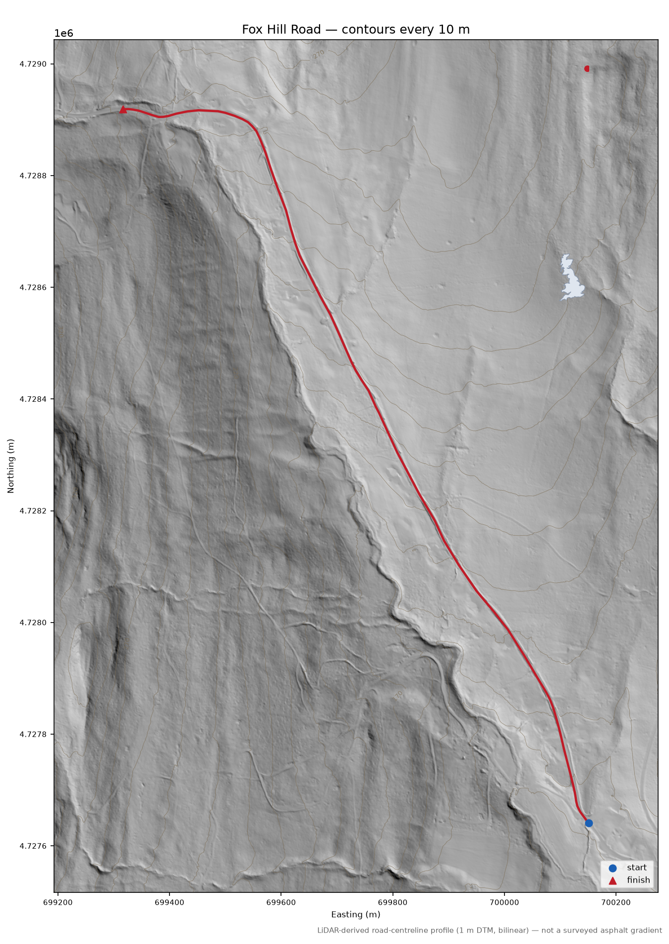 Fox Hill Road LiDAR hillshade map with contours