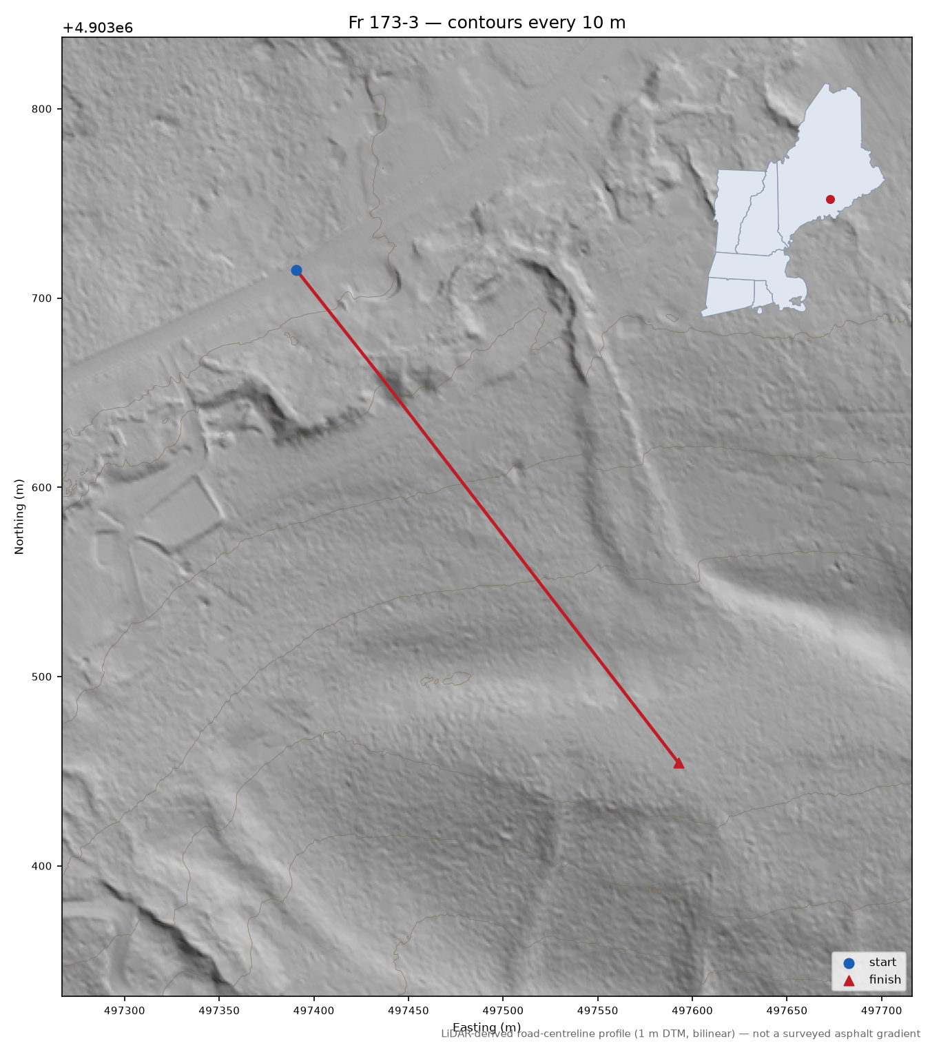 Fr 173-3 LiDAR hillshade map with contours