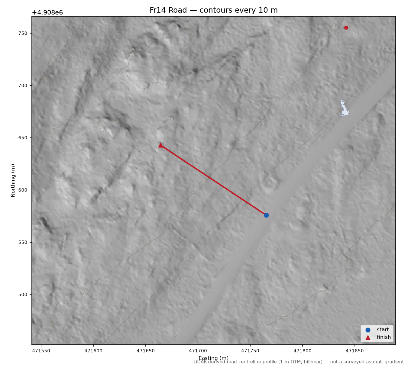 Fr14 Road LiDAR hillshade map with contours