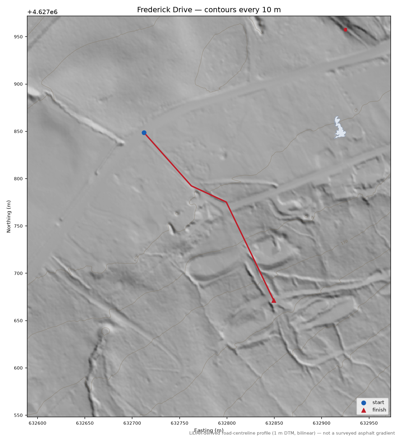 Frederick Drive LiDAR hillshade map with contours