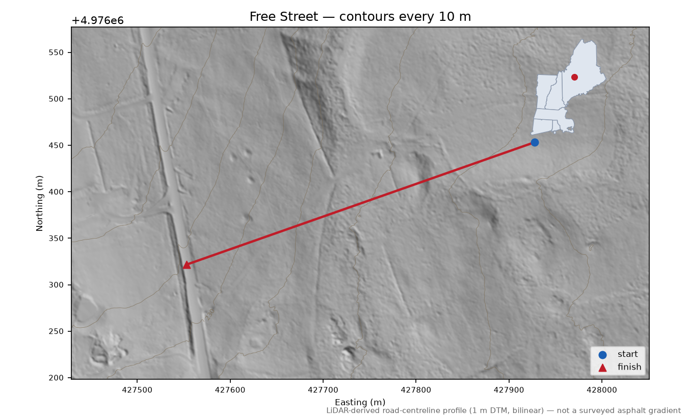 Free Street LiDAR hillshade map with contours