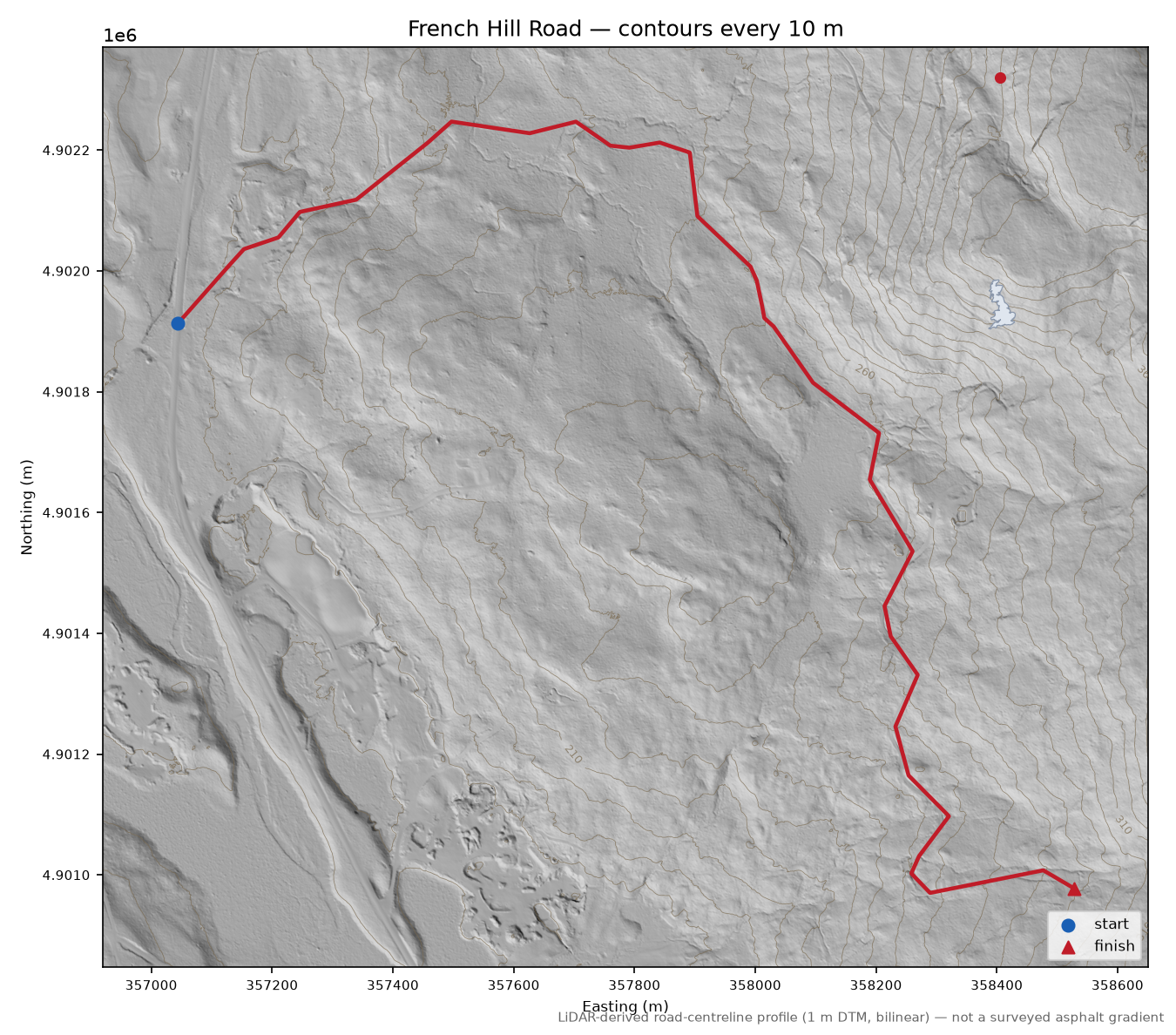 French Hill Road LiDAR hillshade map with contours