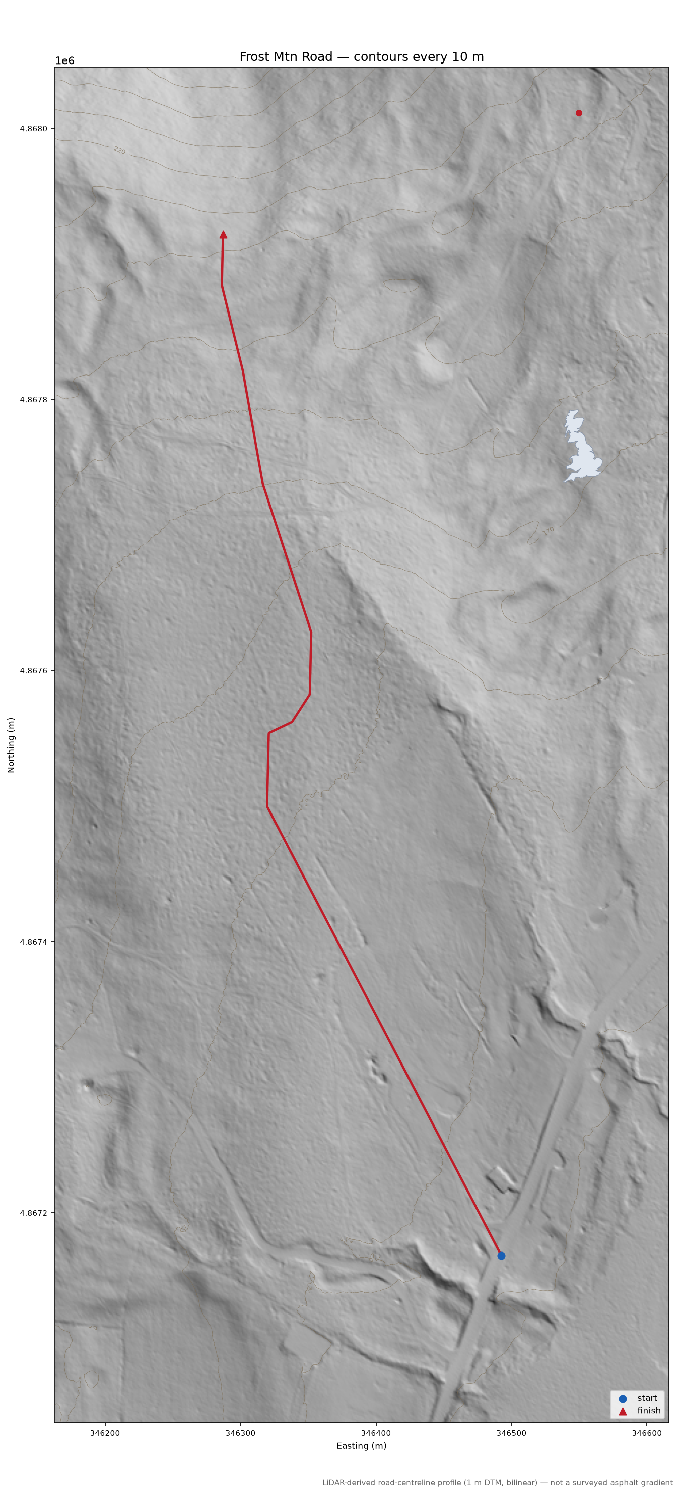 Frost Mtn Road LiDAR hillshade map with contours