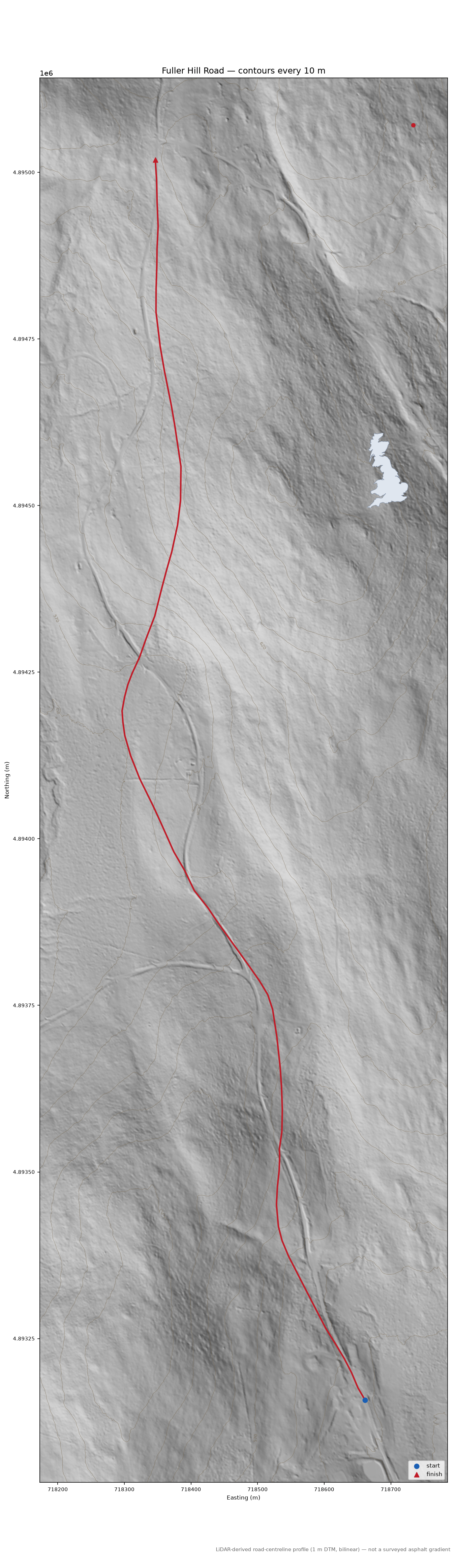 Fuller Hill Road LiDAR hillshade map with contours