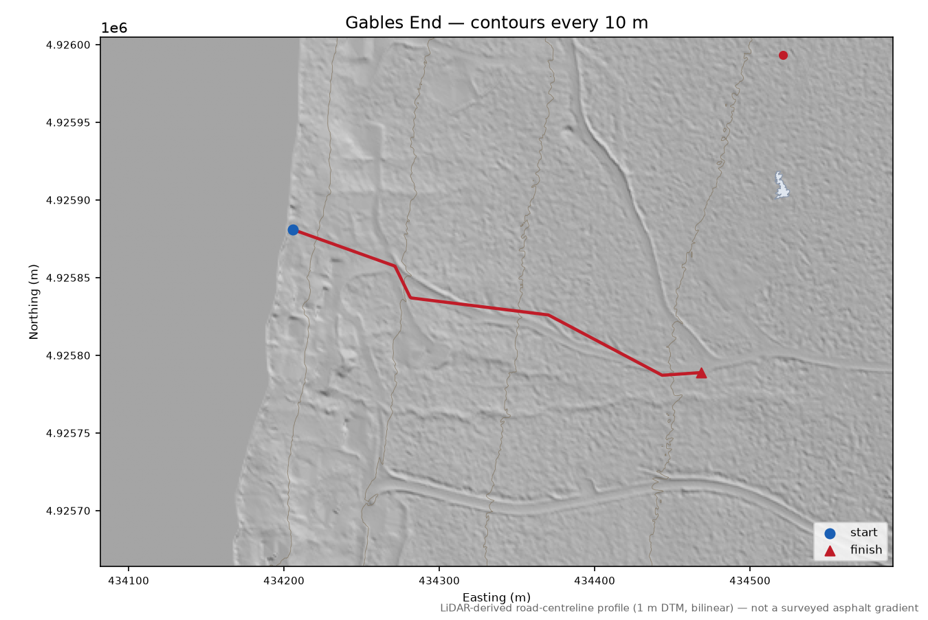 Gables End LiDAR hillshade map with contours
