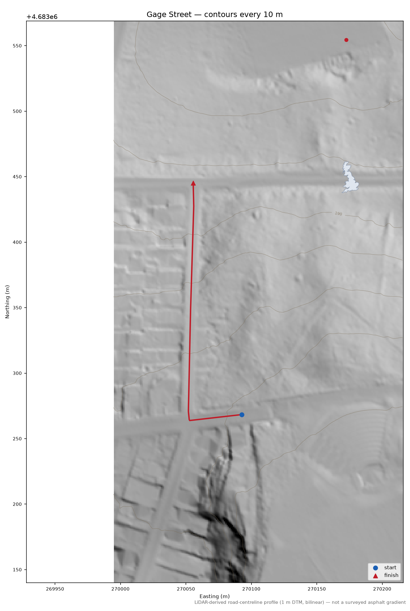 Gage Street LiDAR hillshade map with contours