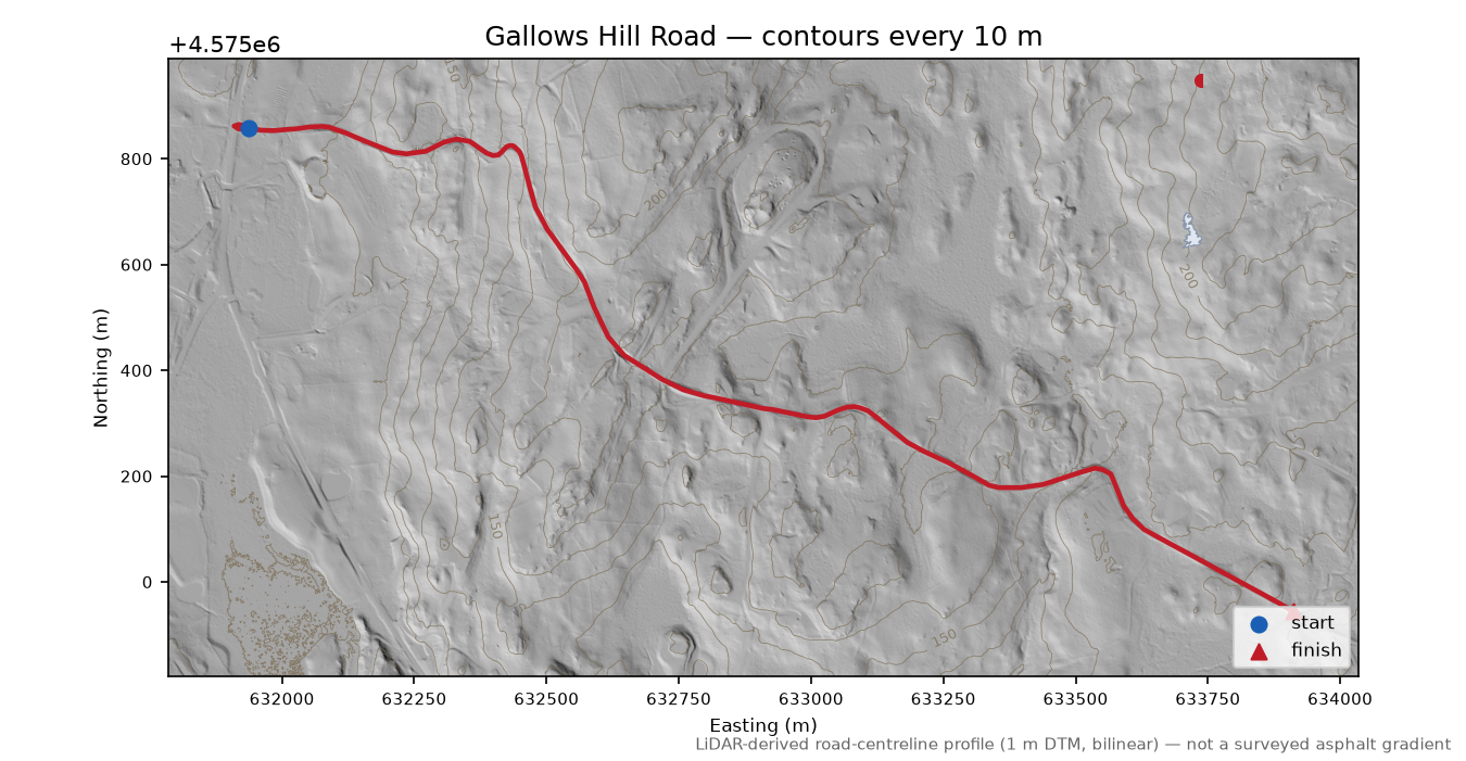 Gallows Hill Road LiDAR hillshade map with contours