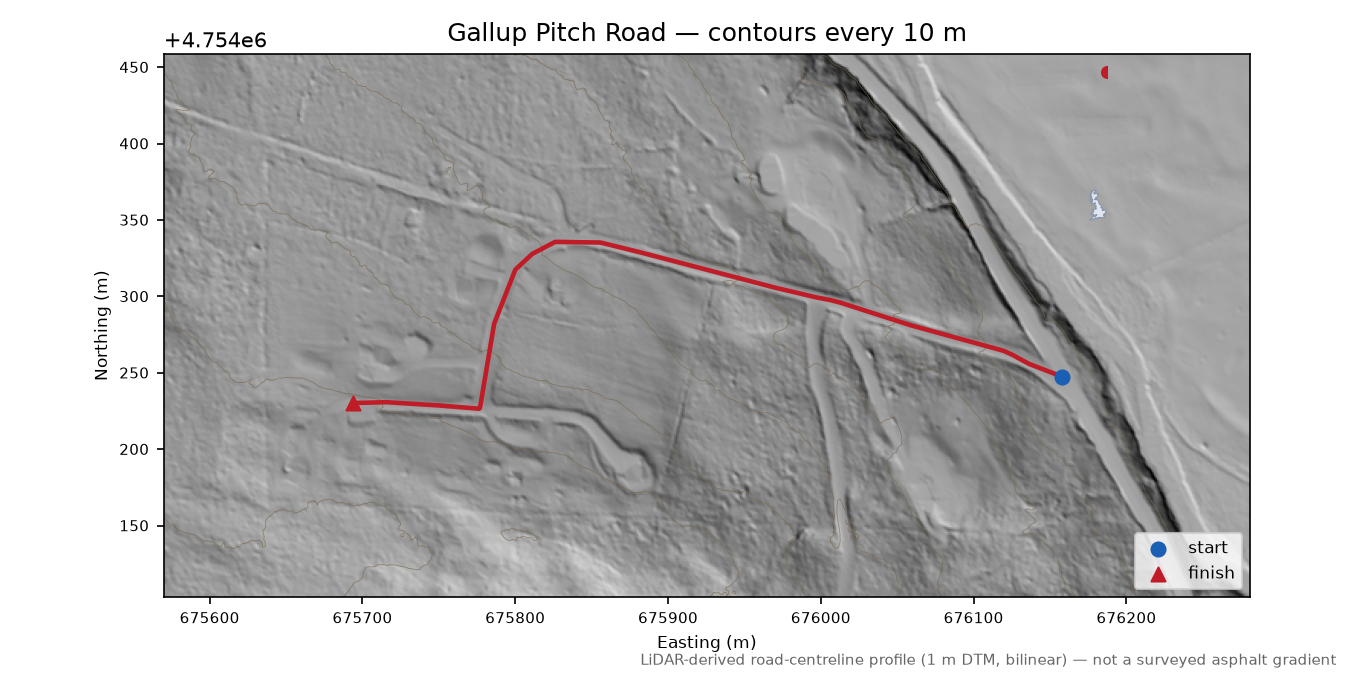 Gallup Pitch Road LiDAR hillshade map with contours