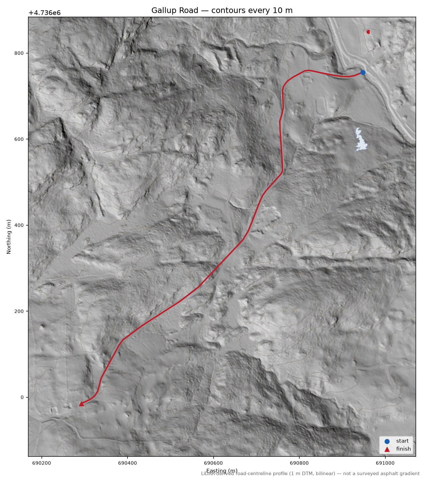 Gallup Road LiDAR hillshade map with contours