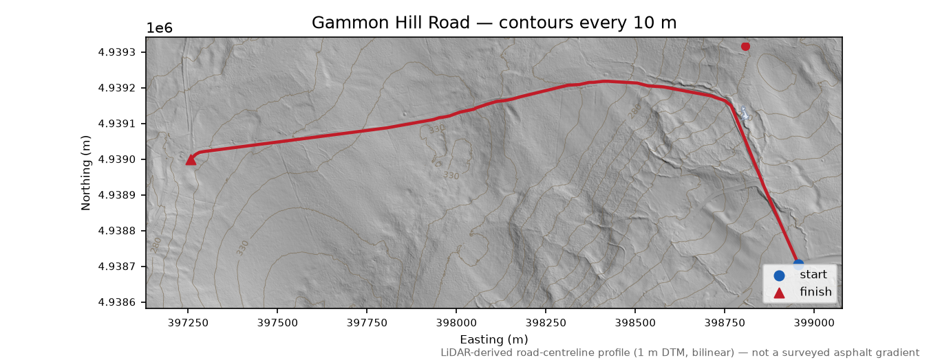 Gammon Hill Road LiDAR hillshade map with contours