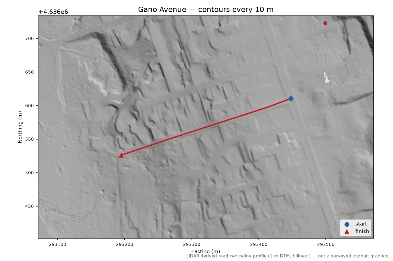 Gano Avenue LiDAR hillshade map with contours