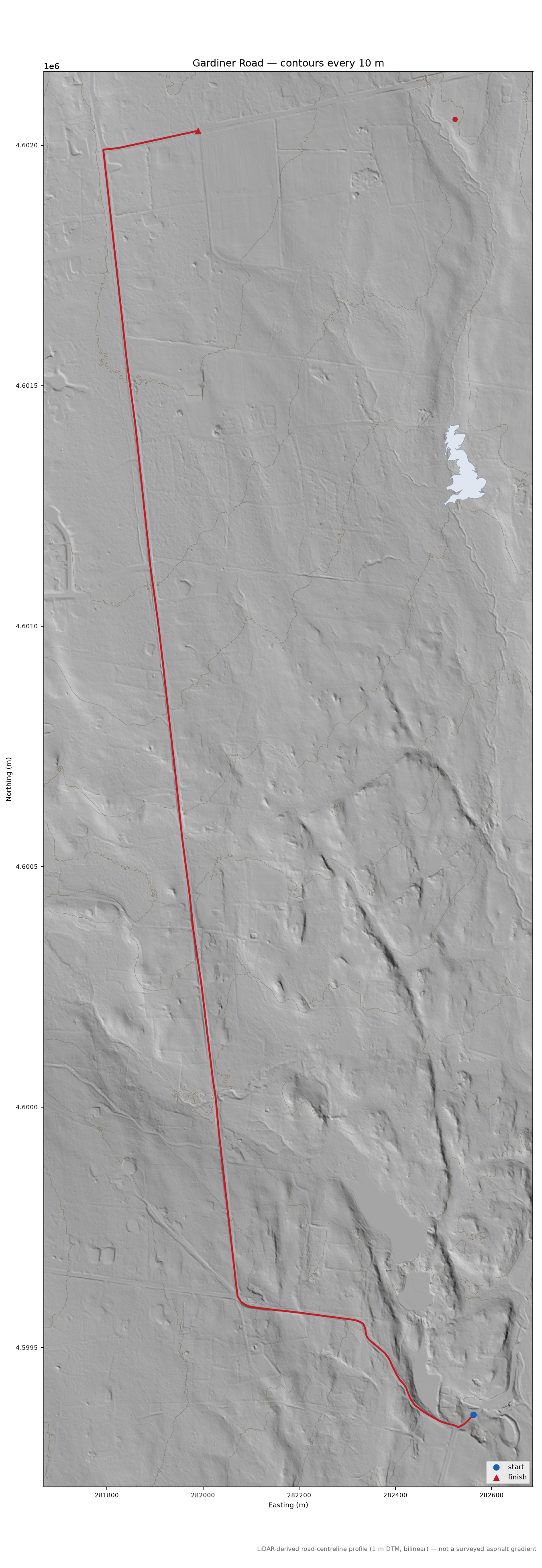 Gardiner Road LiDAR hillshade map with contours