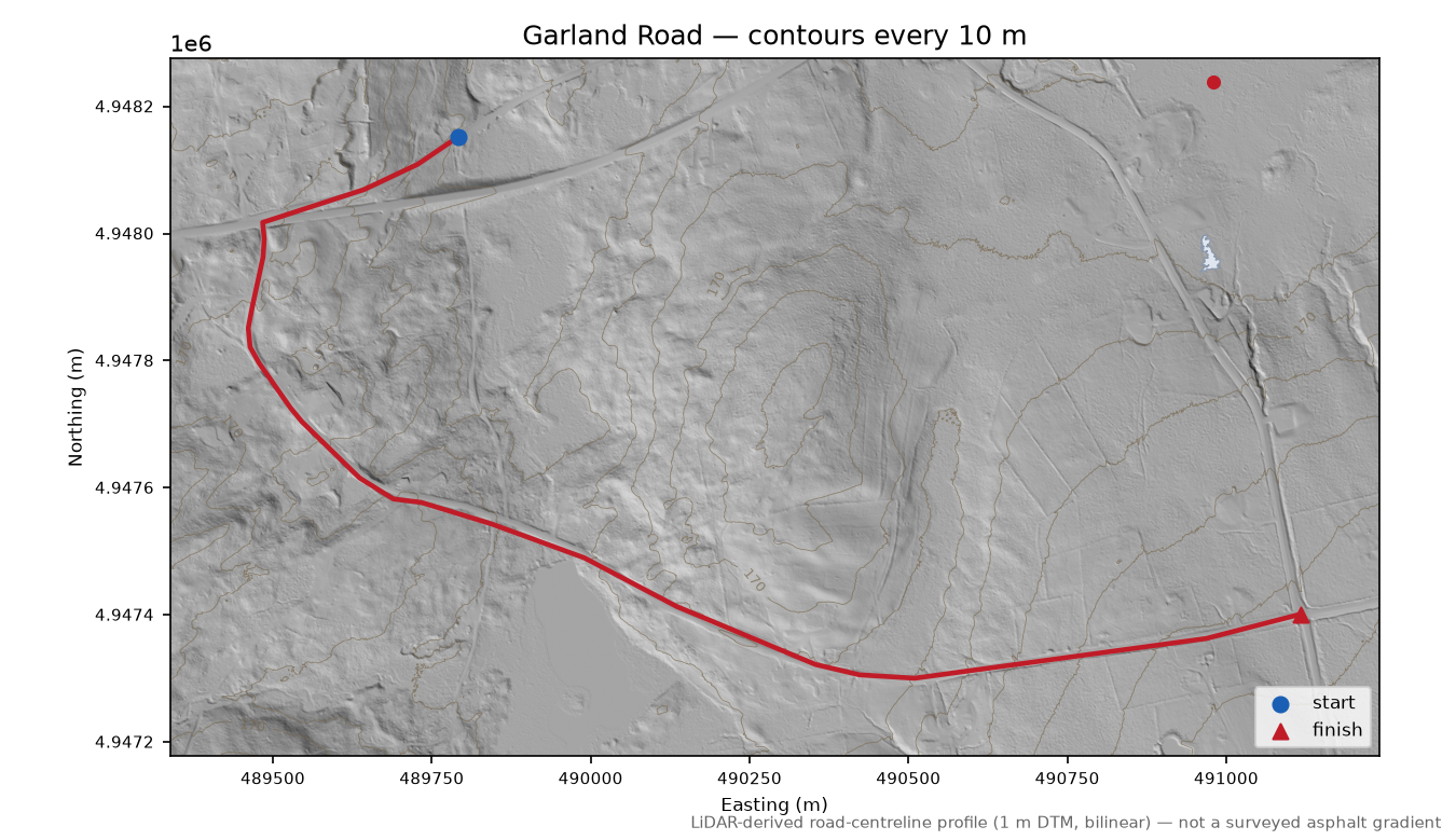Garland Road LiDAR hillshade map with contours