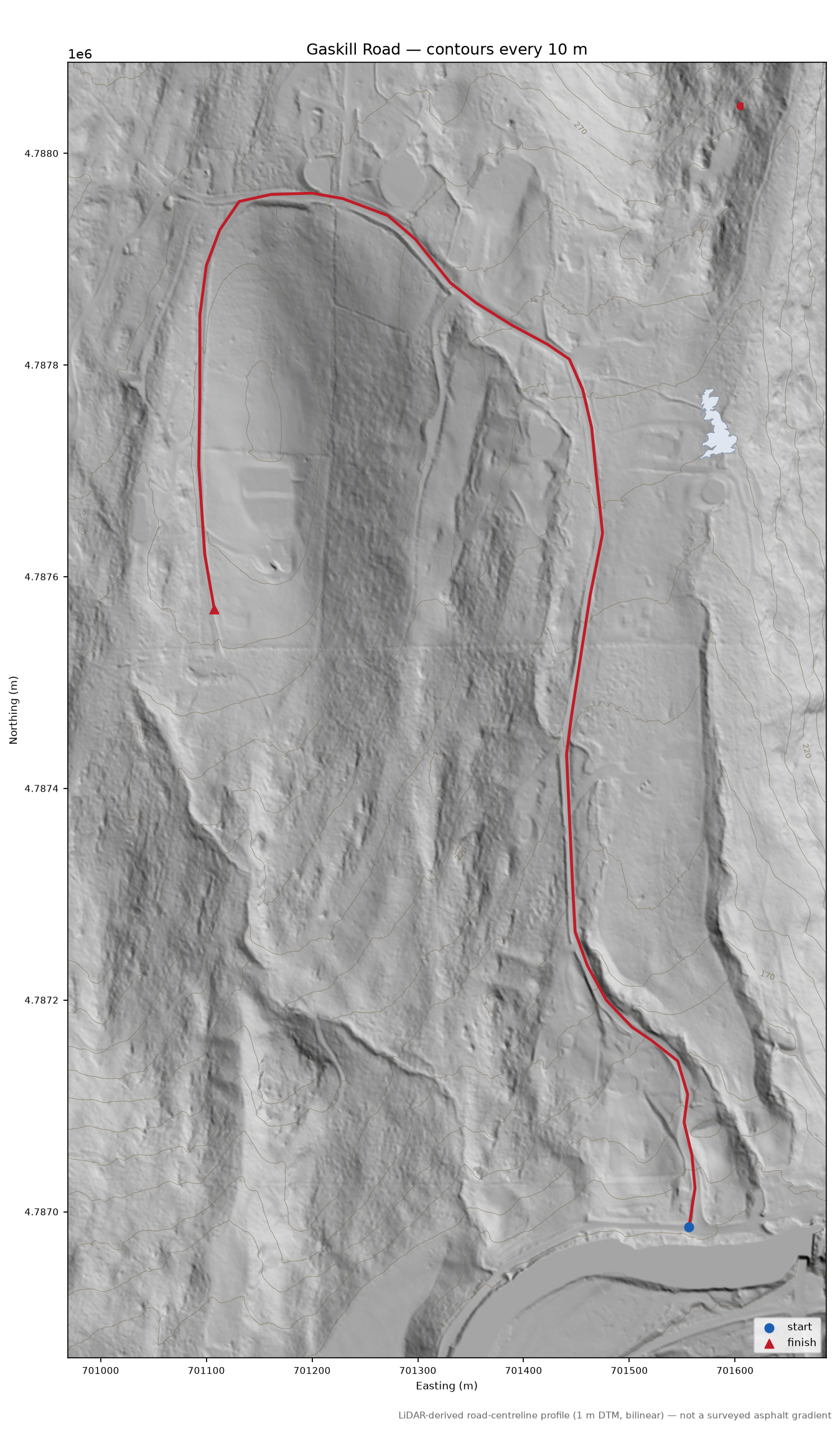 Gaskill Road LiDAR hillshade map with contours
