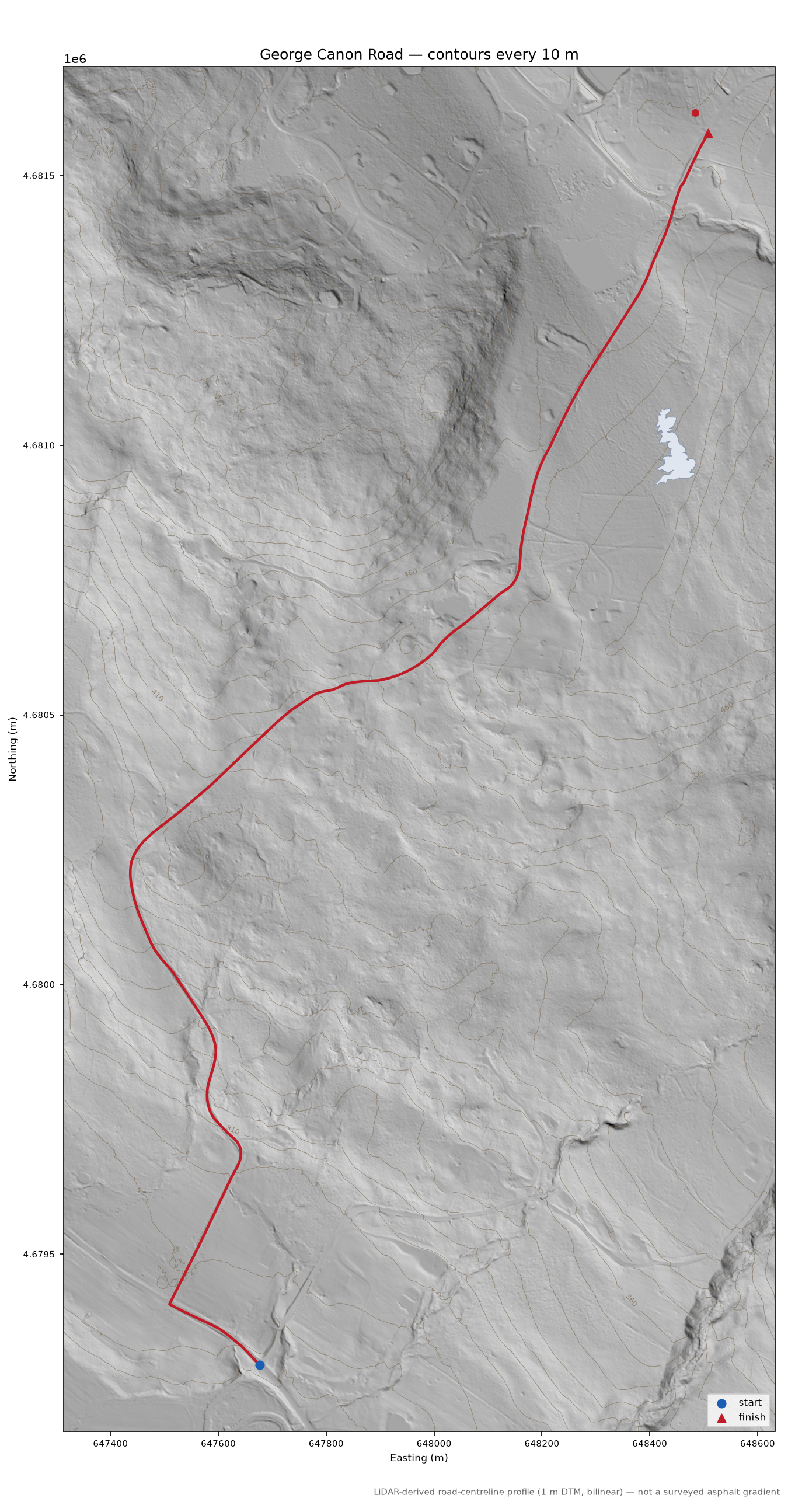 George Canon Road LiDAR hillshade map with contours