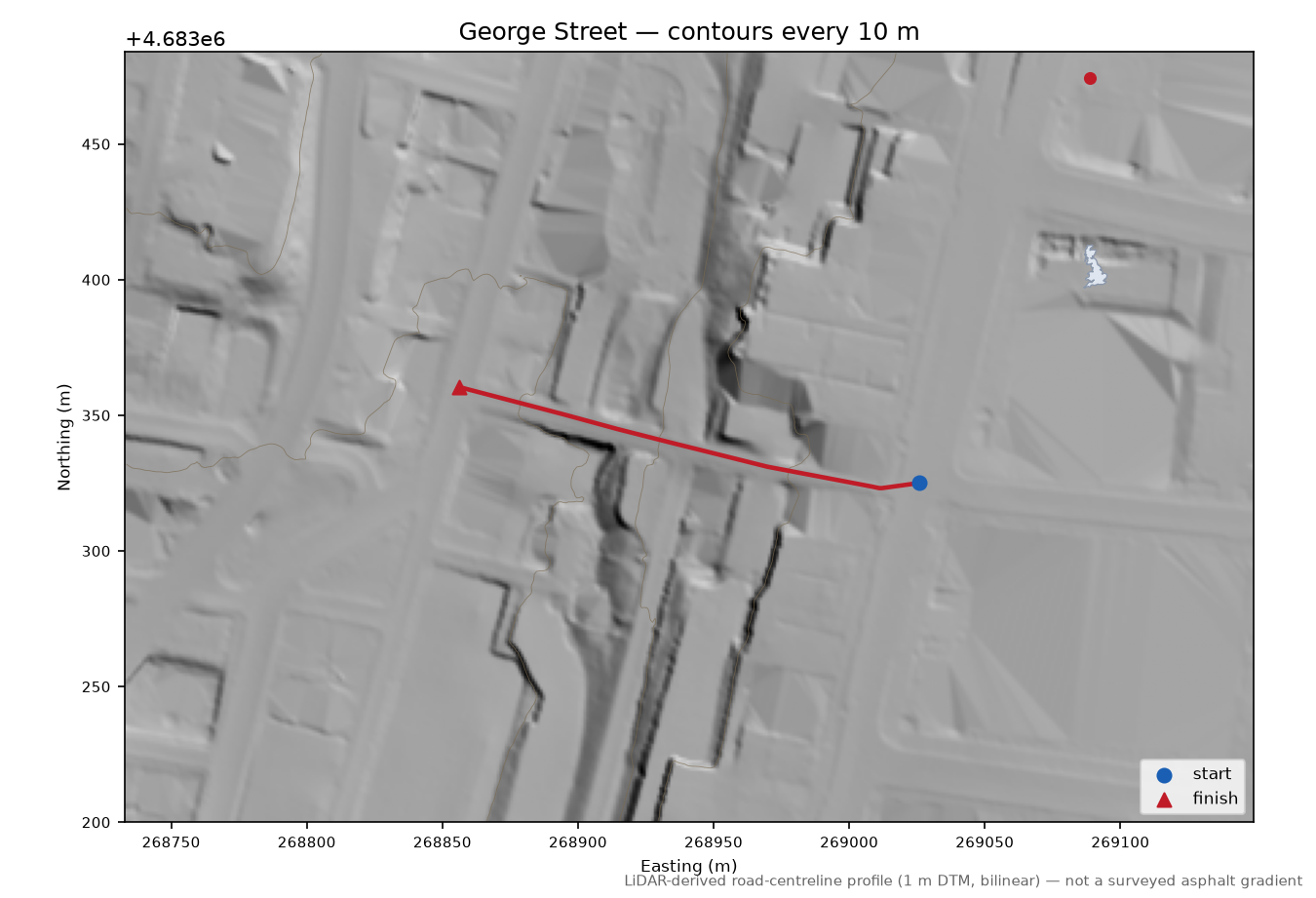 George Street LiDAR hillshade map with contours