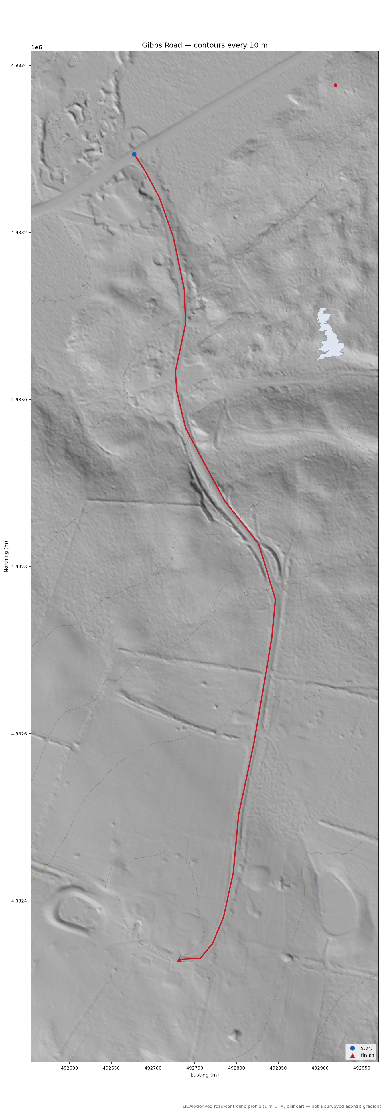 Gibbs Road LiDAR hillshade map with contours