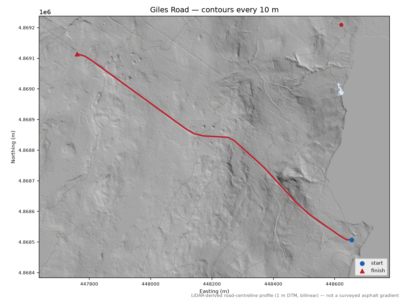 Giles Road LiDAR hillshade map with contours