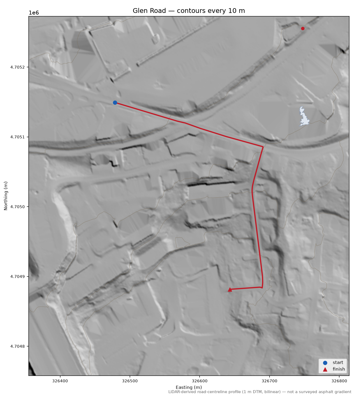Glen Road LiDAR hillshade map with contours