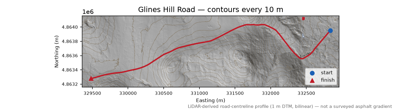 Glines Hill Road LiDAR hillshade map with contours