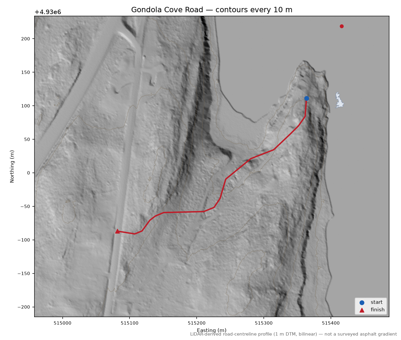 Gondola Cove Road LiDAR hillshade map with contours
