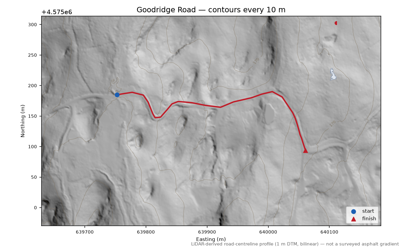 Goodridge Road LiDAR hillshade map with contours
