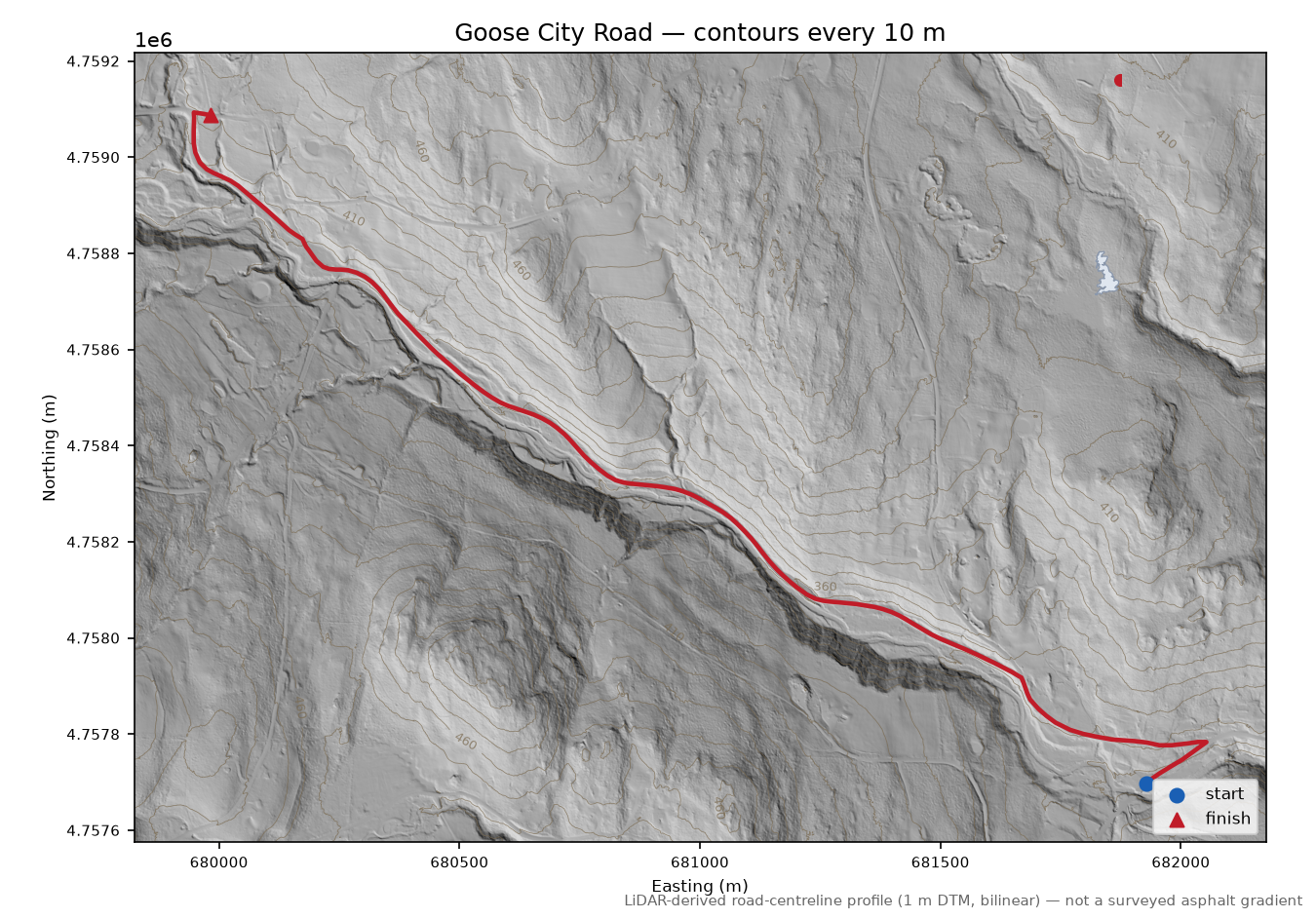 Goose City Road LiDAR hillshade map with contours