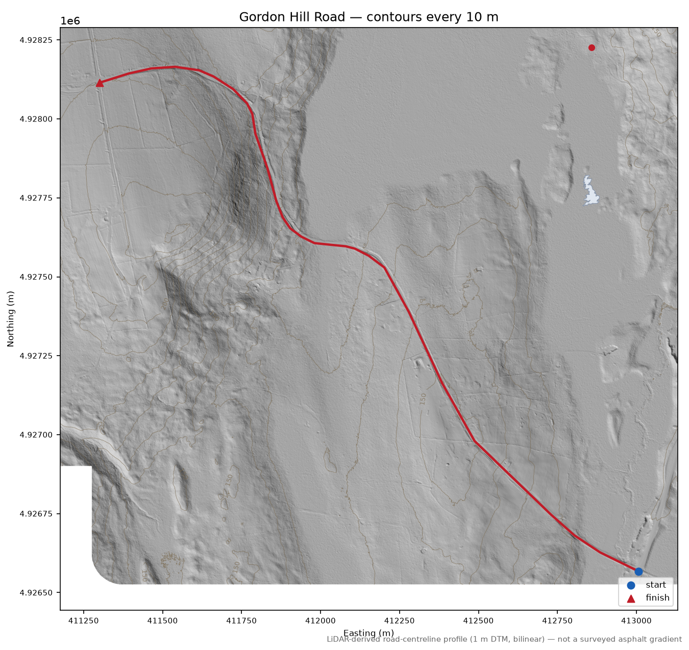 Gordon Hill Road LiDAR hillshade map with contours