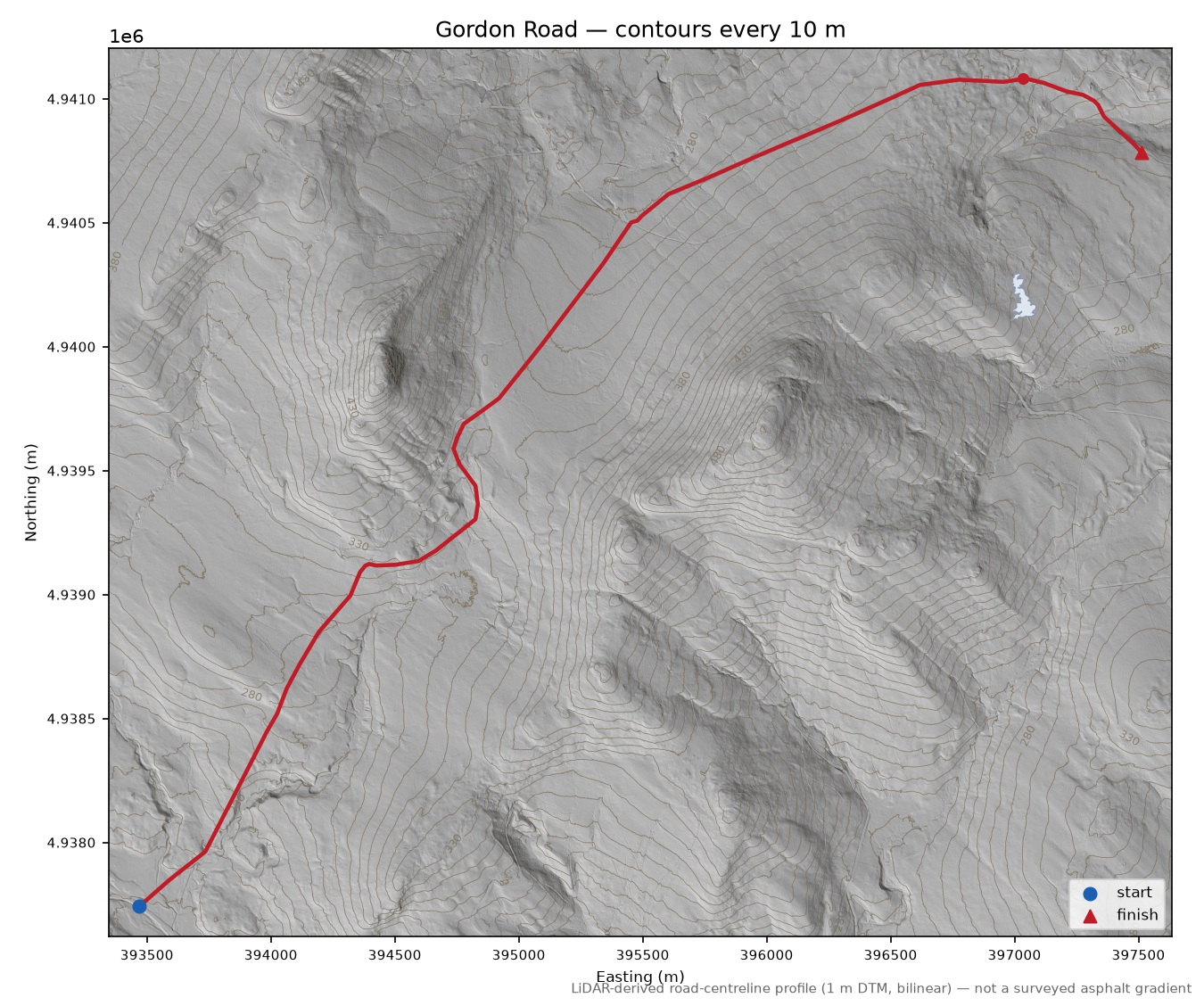 Gordon Road LiDAR hillshade map with contours