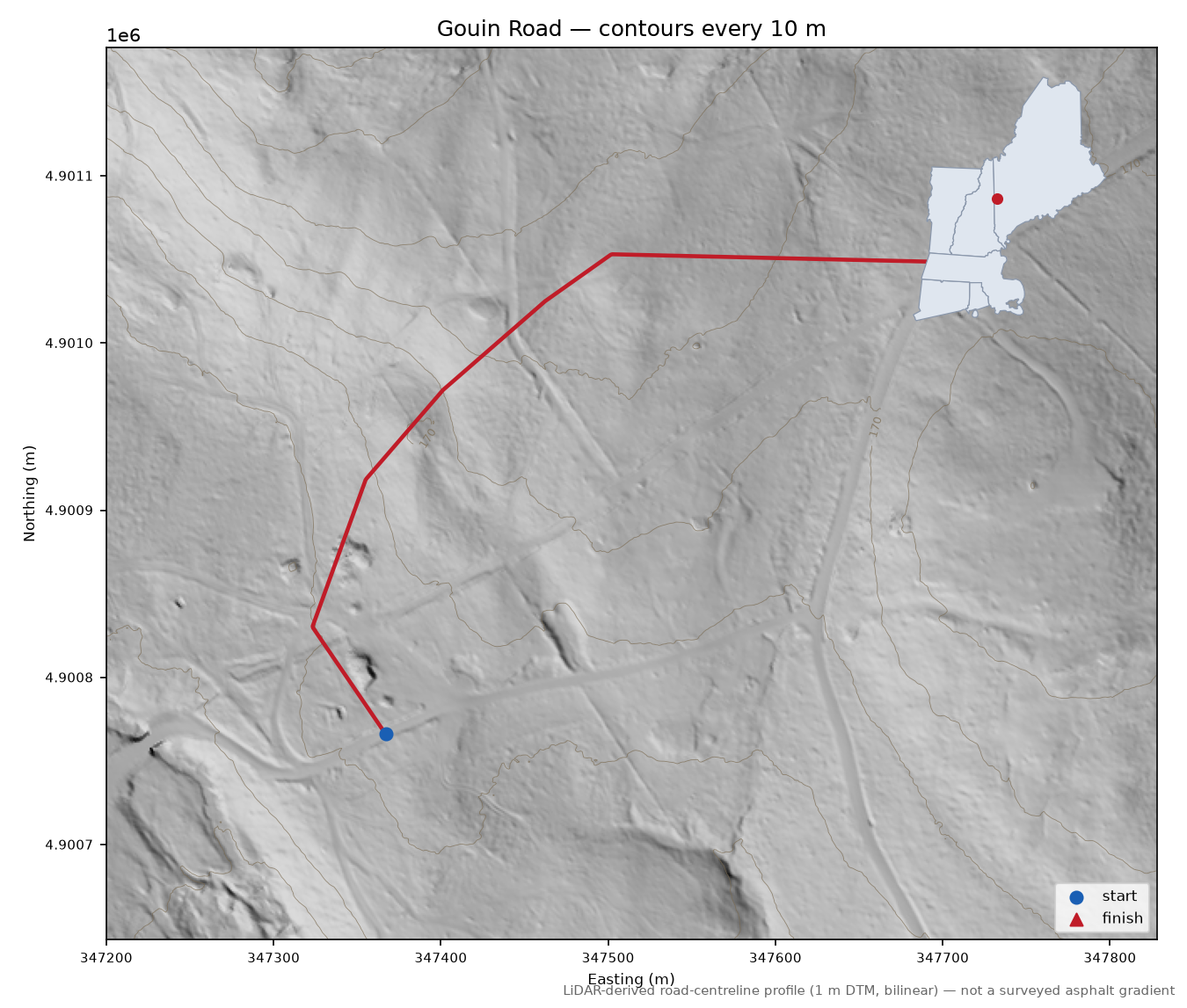 Gouin Road LiDAR hillshade map with contours