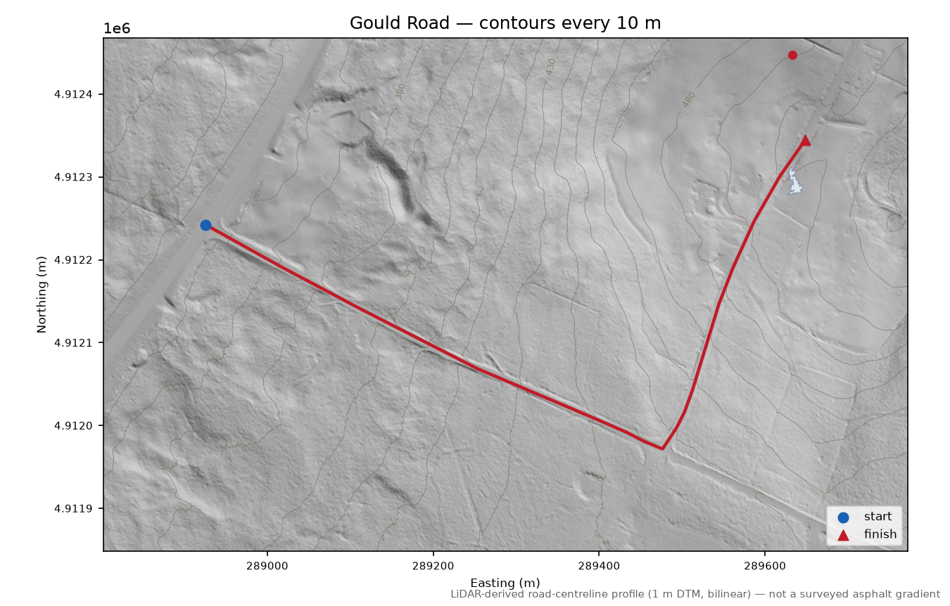 Gould Road LiDAR hillshade map with contours