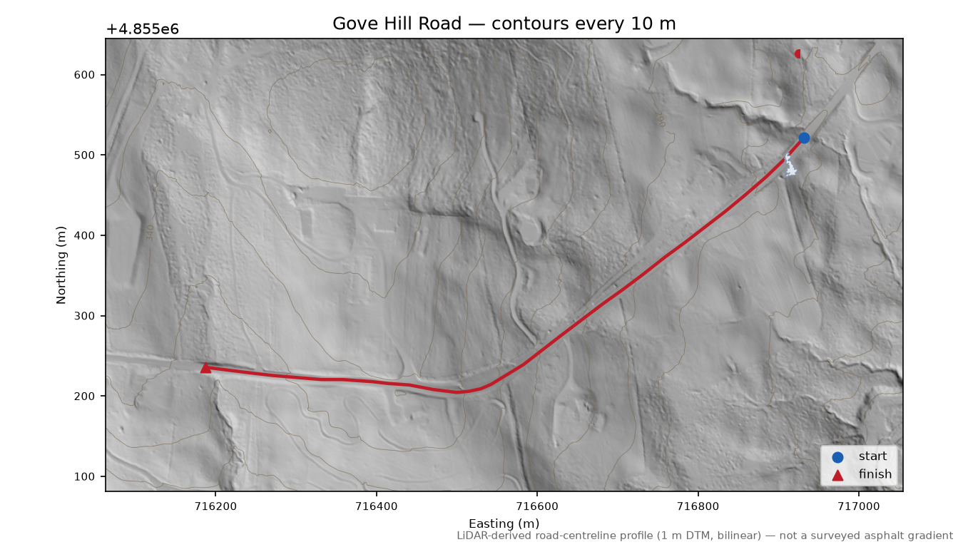 Gove Hill Road LiDAR hillshade map with contours