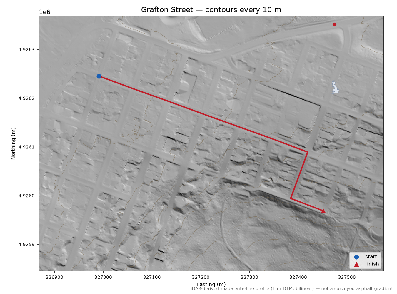 Grafton Street LiDAR hillshade map with contours
