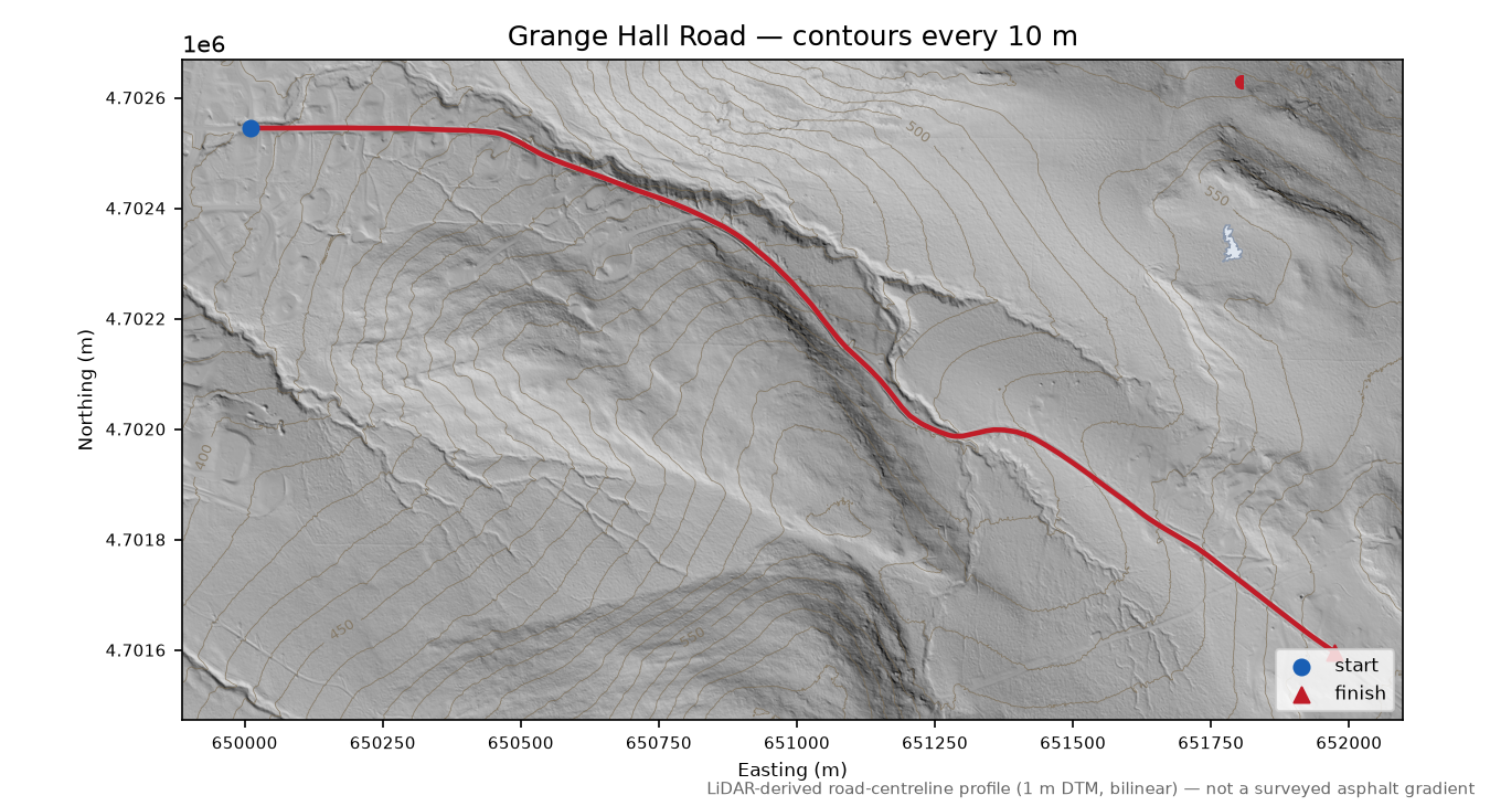 Grange Hall Road LiDAR hillshade map with contours