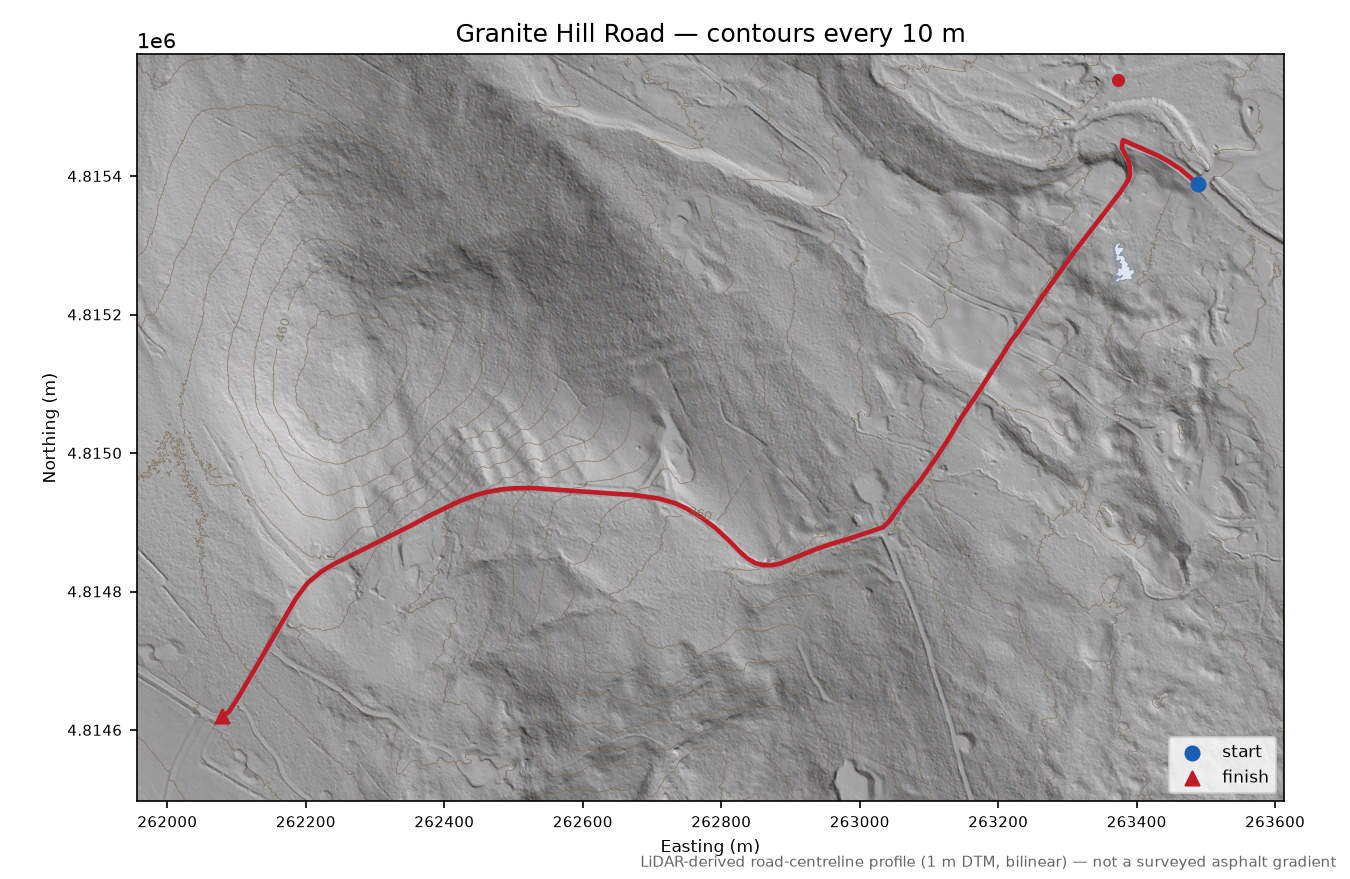 Granite Hill Road LiDAR hillshade map with contours