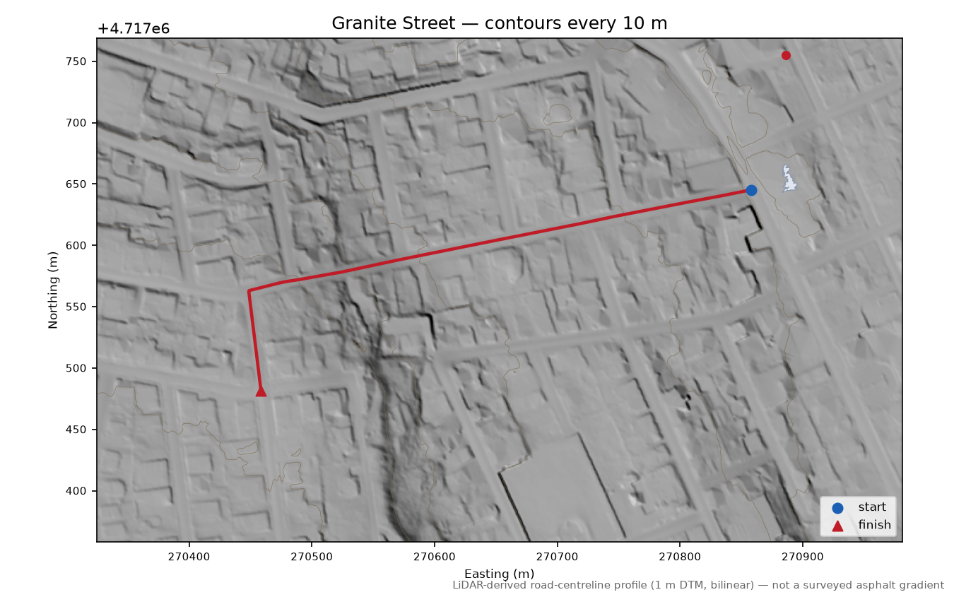 Granite Street LiDAR hillshade map with contours