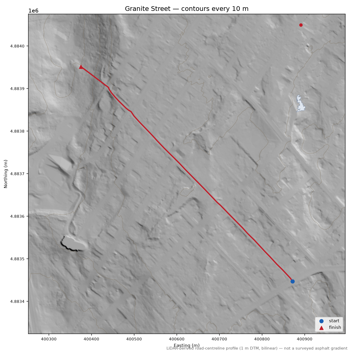 Granite Street LiDAR hillshade map with contours